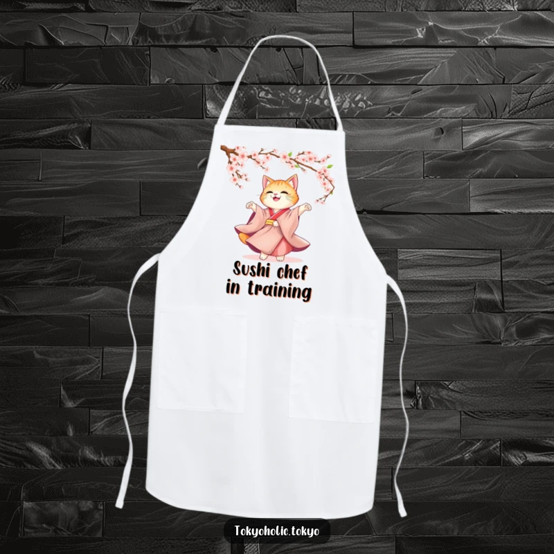 Funny Cat Kimono Apron: A cute cat in a flowing kimono twirling under cherry blossoms, adding elegance to kitchen wear.