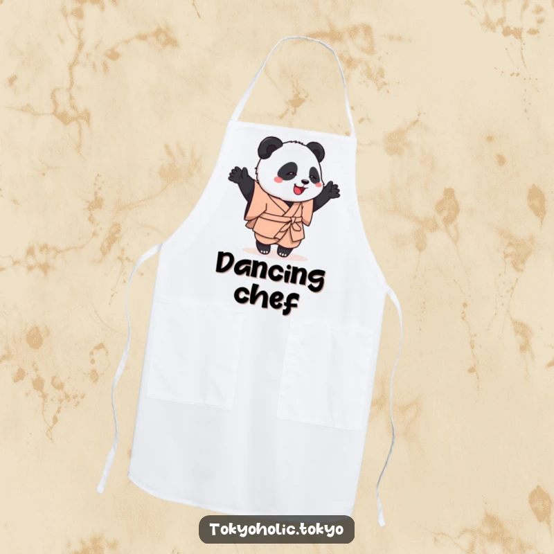 Funny apron featuring a playful panda in a simple kimono, enthusiastically performing a clumsy but happy dance, perfect for kitchen fun.