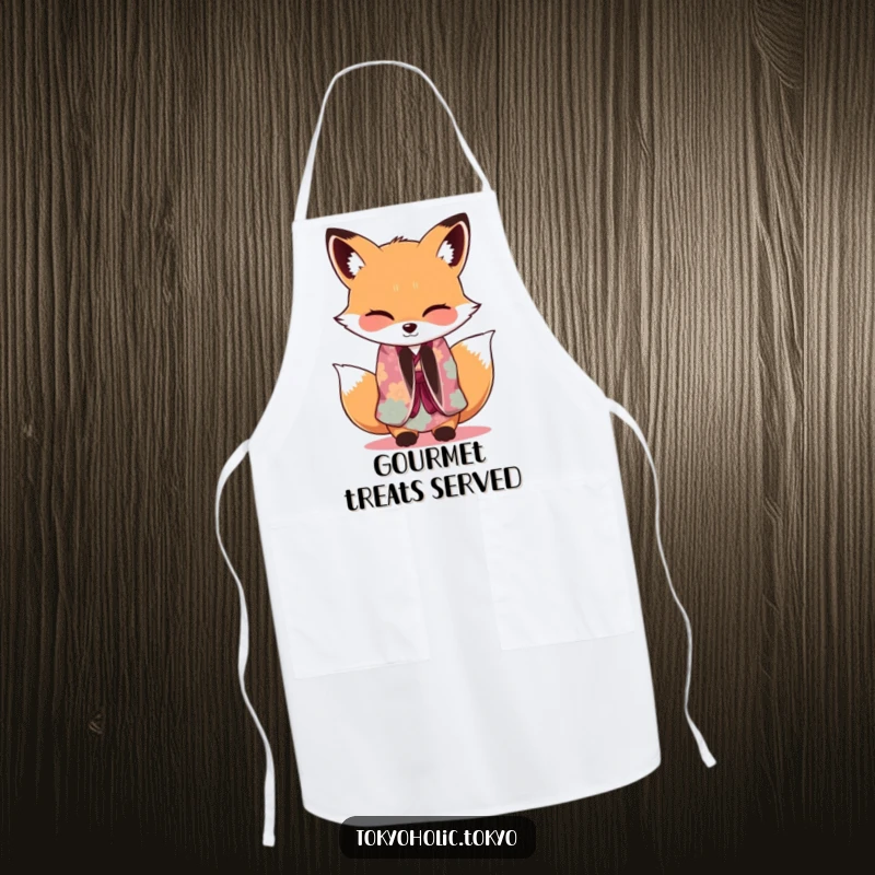 Funny Fox Kimono Apron: An adorable fox in a vibrant kimono bowing gracefully with a wink, perfect for stylish kitchen wear.