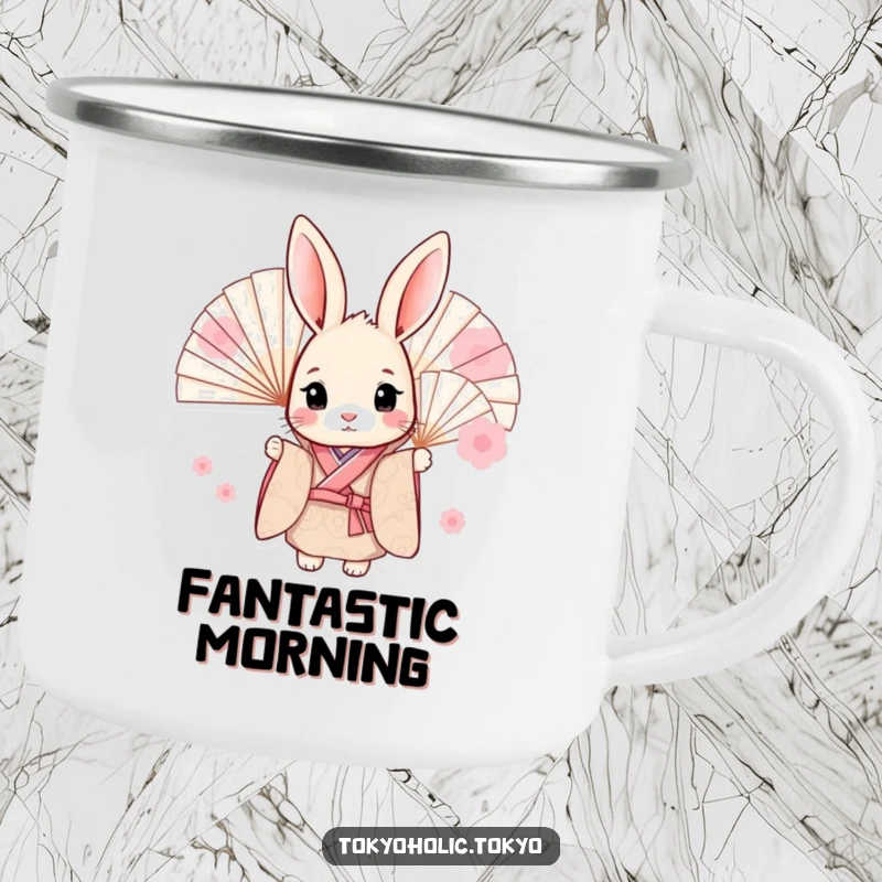 Funny camping mug with a sweet bunny in a kimono, peeking from behind fans, designed for adventures and humor.