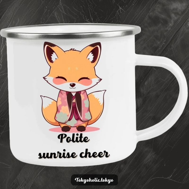 Funny Fox Kimono Camping Mug: An adorable fox in a kimono bowing with a wink, perfect for enjoying drinks outdoors with a playful vibe.