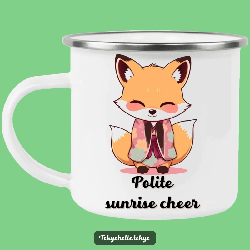 Funny Fox Kimono Camping Mug: Graceful Wink Enamel Cup, Perfect Outdoor Funny Gift