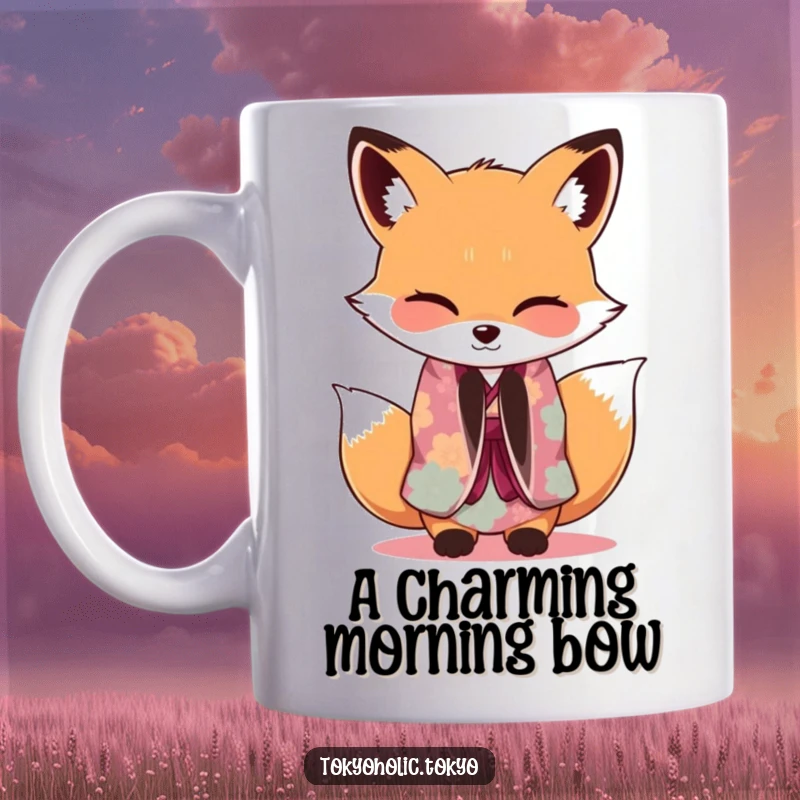 Funny Fox Kimono Mug: An adorable fox in a vibrant kimono bowing gracefully while giving a playful wink, showcasing a charming personality.