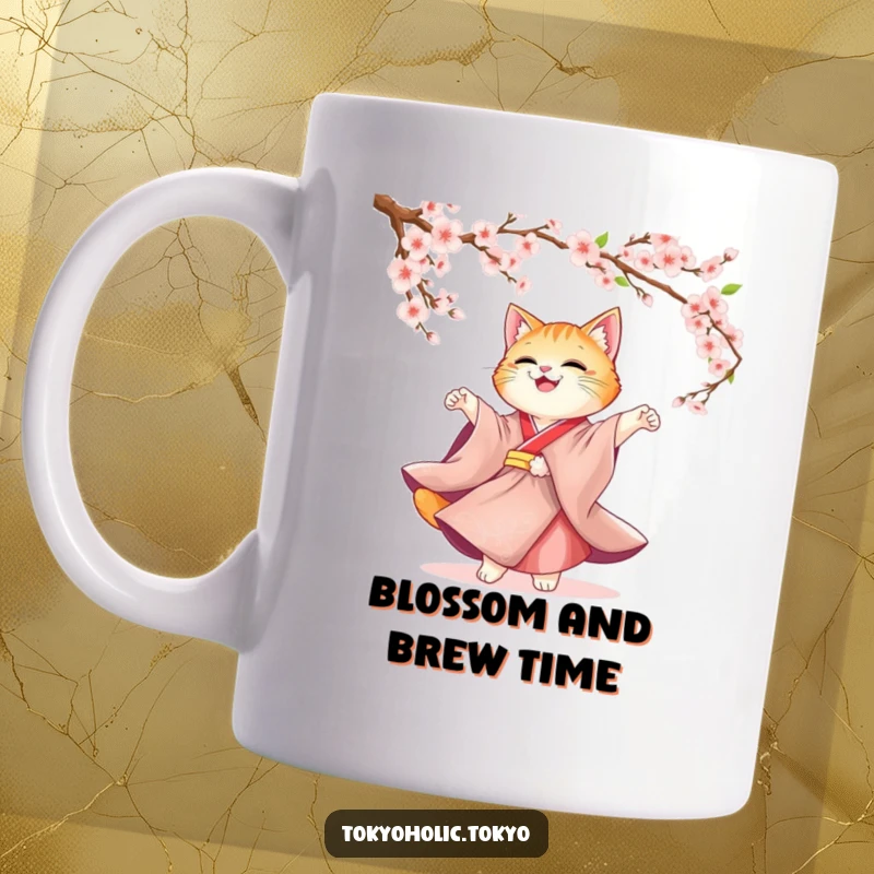 Funny Cat Kimono Mug: A cute cat in a flowing kimono joyfully twirling surrounded by falling cherry blossoms, embodying grace and happiness.