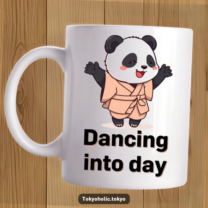 Funny mug with a playful panda in a simple kimono, joyfully attempting a clumsy but happy dance, radiating infectious energy.