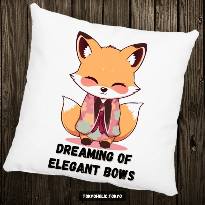 Funny Fox Kimono Pillow: A soft cushion with an adorable fox in a kimono bowing gracefully with a wink, adding charm and comfort.