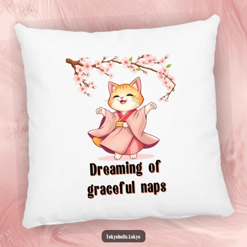 Funny Cat Kimono Pillow: A soft cushion with a cute cat in a kimono twirling under cherry blossoms, adding elegance and comfort.