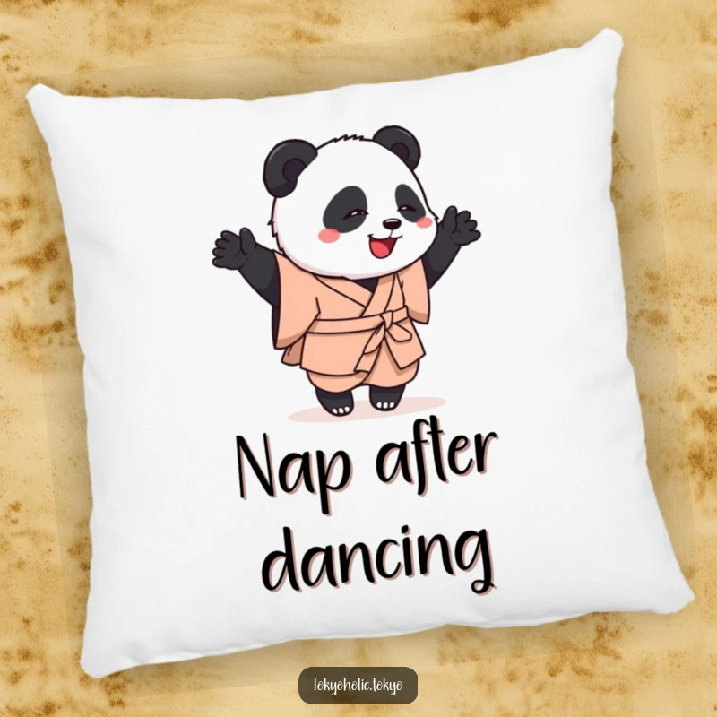 Funny pillow with a playful panda in a simple kimono, engaged in a clumsy but happy dance, offering comfort and humorous charm.