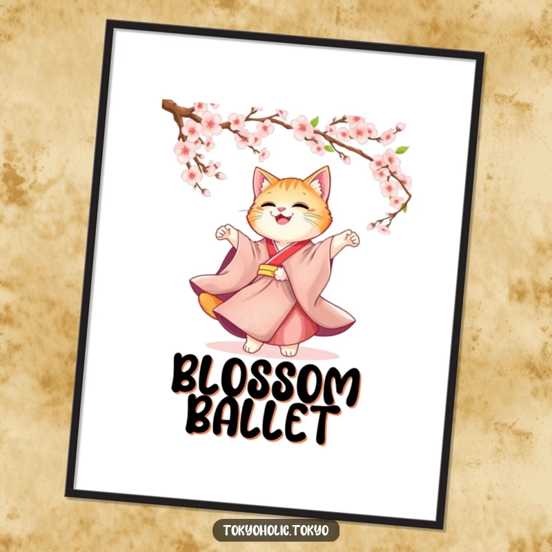 Funny Cat Kimono Digital Art Print: A cute cat in a kimono twirling joyfully under cherry blossoms, a graceful and downloadable artwork.