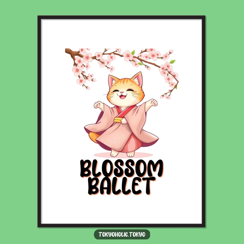 Funny Cat Kimono Digital Art: Joyful Blossom Dancer Downloadable Print, Funny Gift
