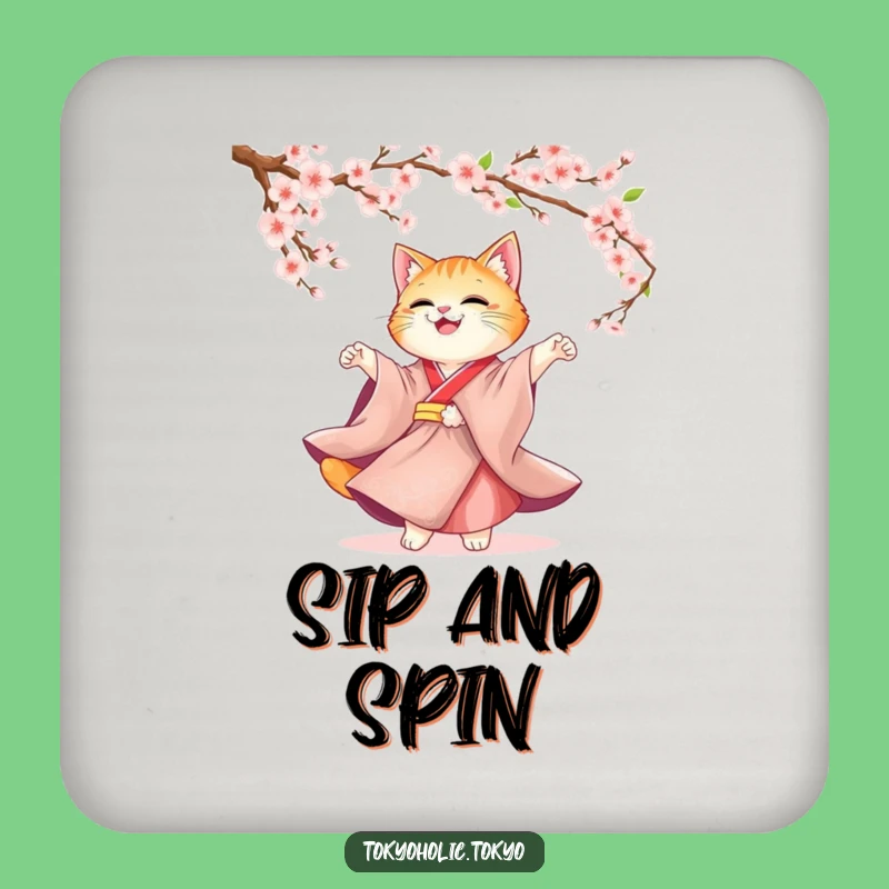 Funny Cat Kimono Coaster: Elegant Blossom Decor, Protect Surfaces Funny Gift