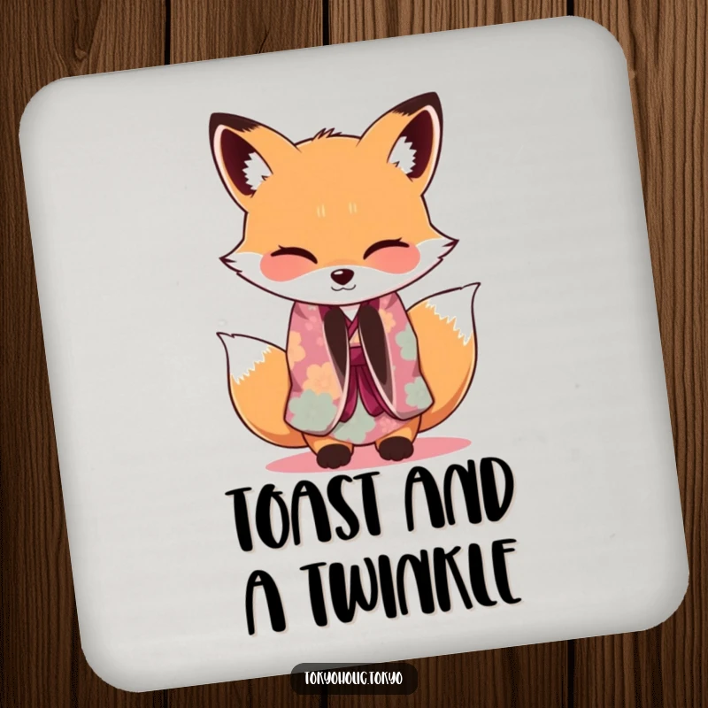 Funny Fox Kimono Coaster: An adorable fox in a kimono bowing with a wink design, perfect for protecting surfaces with playful elegance.