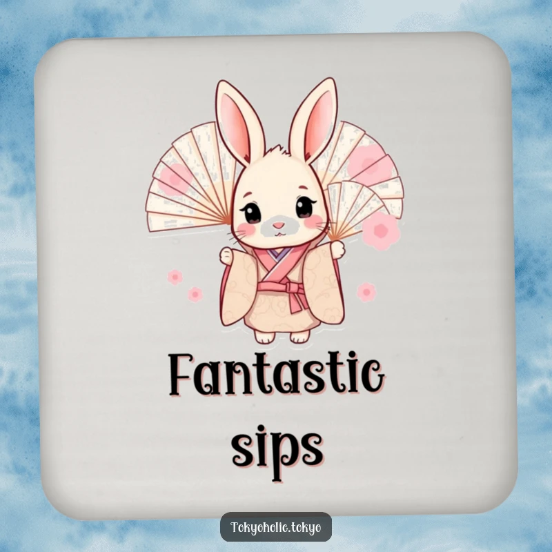 Funny drink coaster with a sweet bunny in a kimono, peeking behind fans, adding humorous protection to tabletops.