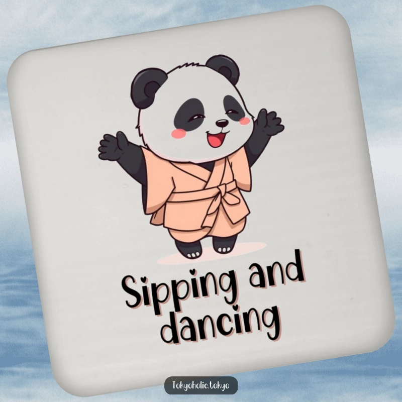 Funny drink coaster with a playful panda in a simple kimono, performing a clumsy but happy dance, offering humorous surface protection.
