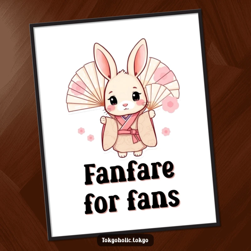 Funny poster featuring a sweet bunny dressed in a patterned kimono, peeking archly from behind fans, creating a whimsical and humorous wall art.