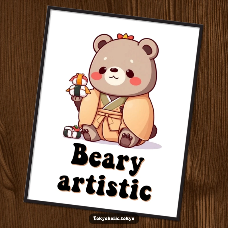 Funny poster of a chubby bear in a colorful kimono, attempting to balance a tall stack of toy sushi rolls.