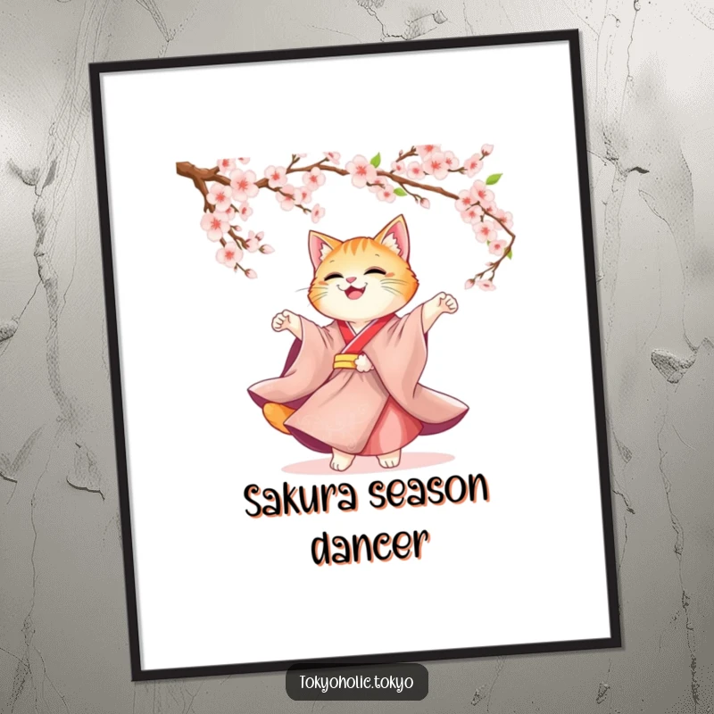 Funny Cat Kimono Poster: A cute cat in a flowing kimono joyfully twirling amidst cherry blossoms, creating a serene and artistic wall piece.