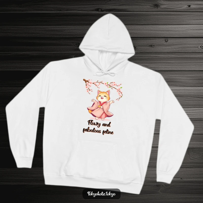 Funny Cat Kimono Hoodie: A cute cat in a kimono twirling joyfully under a shower of cherry blossoms, designed for cozy, elegant comfort.