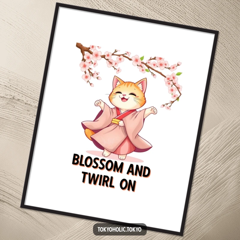 Funny Free Printable Kimono Cat Wall Art: Cute cat in kimono twirling joyfully under cherry blossoms, serene DIY downloadable decor.