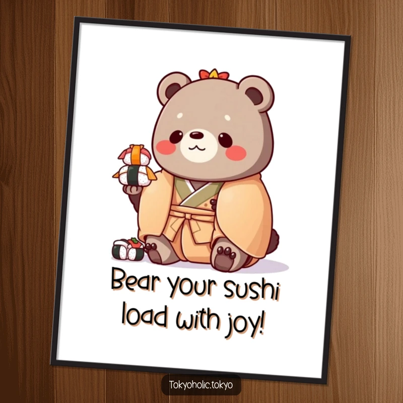 Funny Free Printable Wall Art: Chubby bear in a colorful kimono humorously balancing a precarious stack of toy sushi.