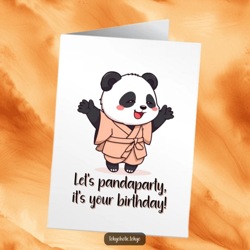 Funny Free Printable Birthday Card: Playful panda in a simple kimono attempting a clumsy but joyful dance for your birthday.