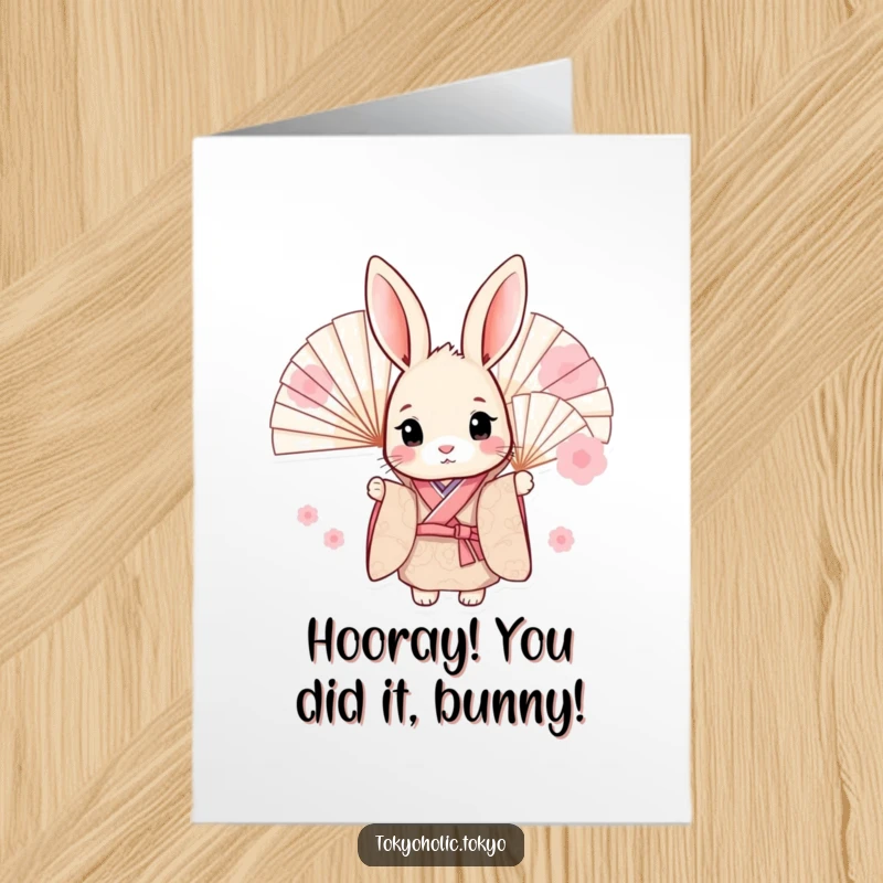 Funny Free Printable Congrats Card: Sweet bunny in kimono peeking from behind fans, celebrating your big achievement.