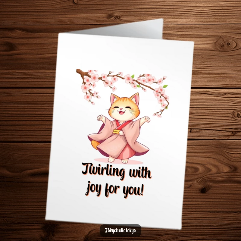 Funny Free Printable Kimono Cat Congratulations Card: Cute cat in kimono twirling, celebrating success, elegant DIY downloadable gift.