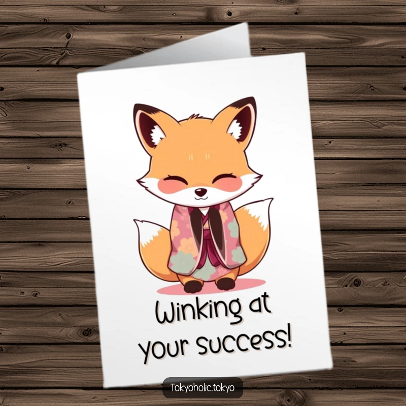 Funny Free Printable Fox Kimono Congratulations Card: Fox in kimono bowing with wink, celebrating success, chic DIY downloadable gift.