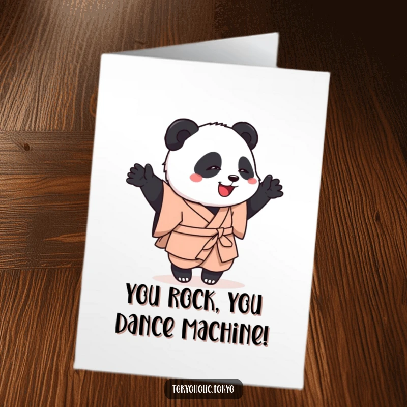 Funny Free Printable Congrats Card: Playful panda in kimono doing a happy, clumsy dance to celebrate your success.