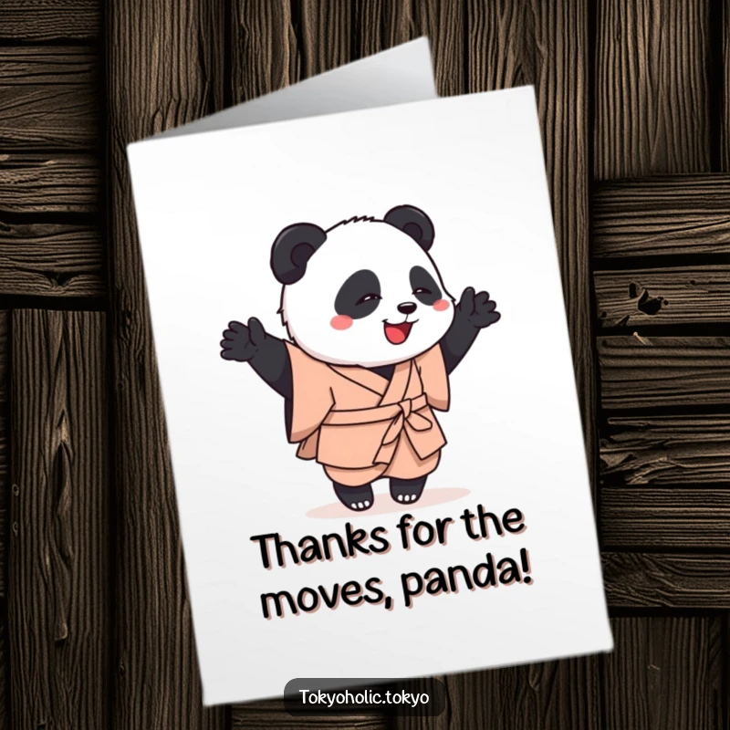 Funny Free Printable Thank You Card: Playful panda in a kimono doing a happy, clumsy dance to express thanks.