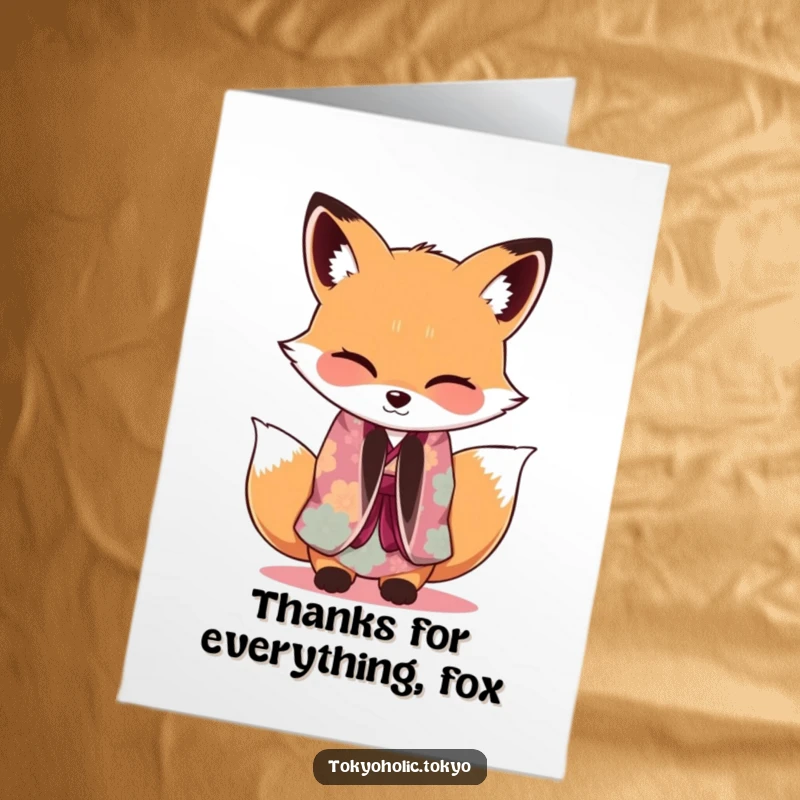 Funny Free Printable Fox Kimono Thank You Card: Fox in kimono bowing with wink, expressing thanks, charming DIY downloadable gift.