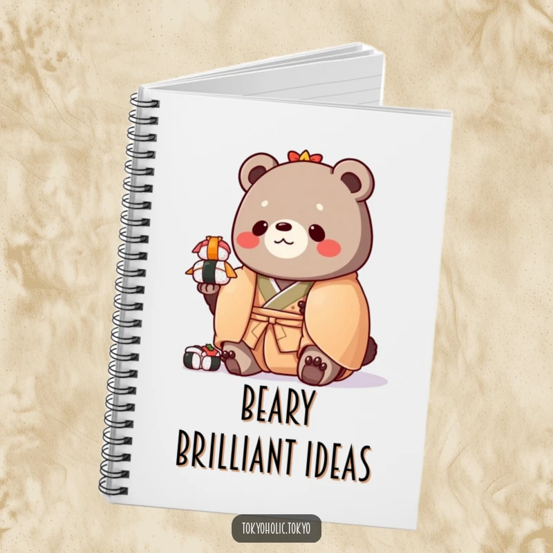 Funny notebook with a chubby bear in a colorful kimono, balancing a stack of toy sushi, perfect for jotting down notes.