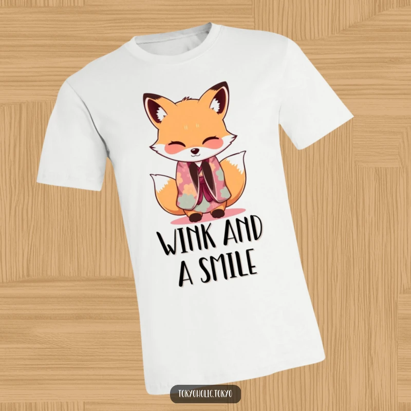 Funny Fox Kimono T-Shirt: An adorable fox in a vibrant kimono bowing gracefully with a subtle, playful wink, conveying charm and humor.
