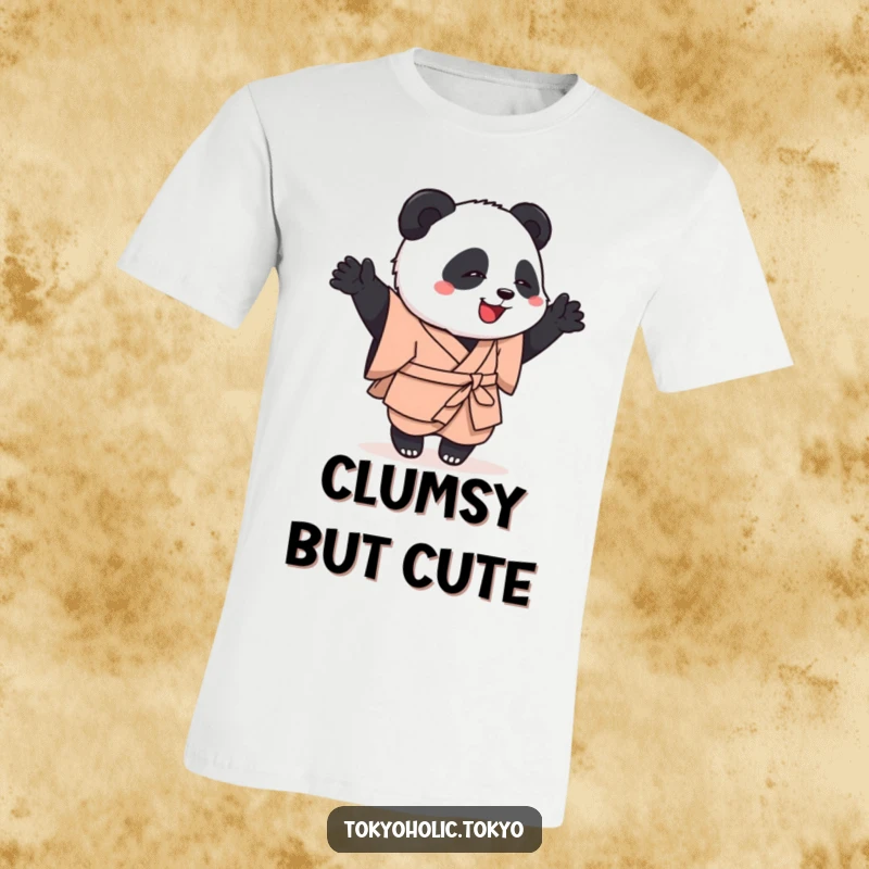 Funny t-shirt showcasing a playful panda in a simple kimono, mid-clumsy but happy dance, full of infectious cheer.