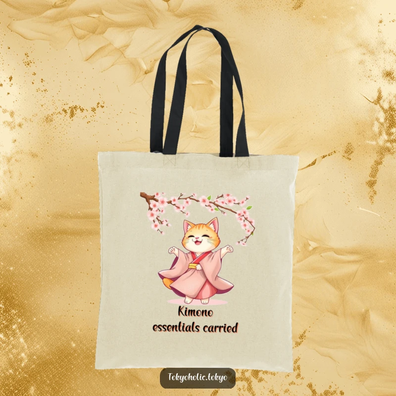 Funny Cat Kimono Tote Bag: A cute cat in a flowing kimono twirling gracefully under cherry blossoms, ideal for carrying items with flair.